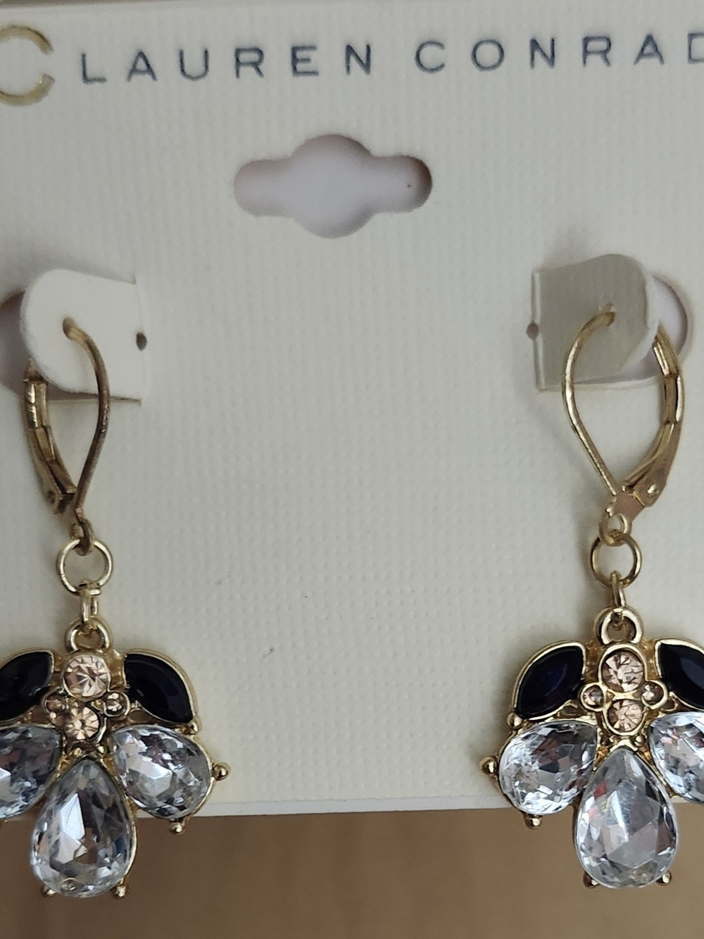 LC Lauren Conrad Gold Drop Earrings with Clear and Navy Accents